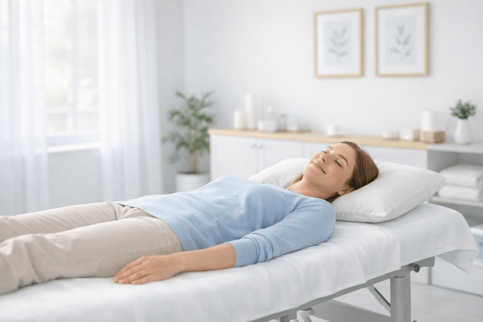 Person lying calmly on a treatment bed, representing rest and support for those feeling tired, stressed, or needing a reset