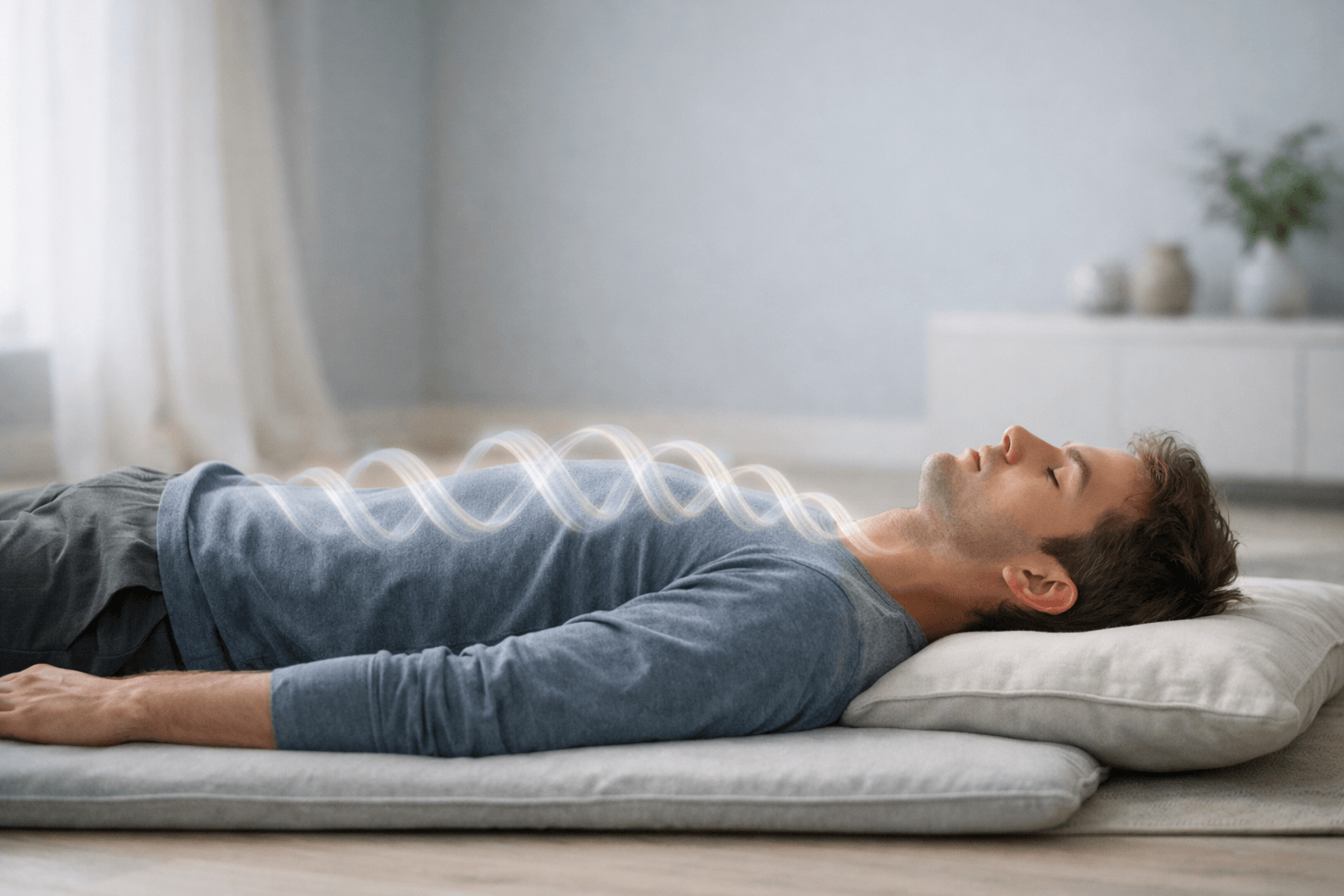 Person lying calmly with spiral energy along the spine, representing kundalini activation for those ready to deepen awareness