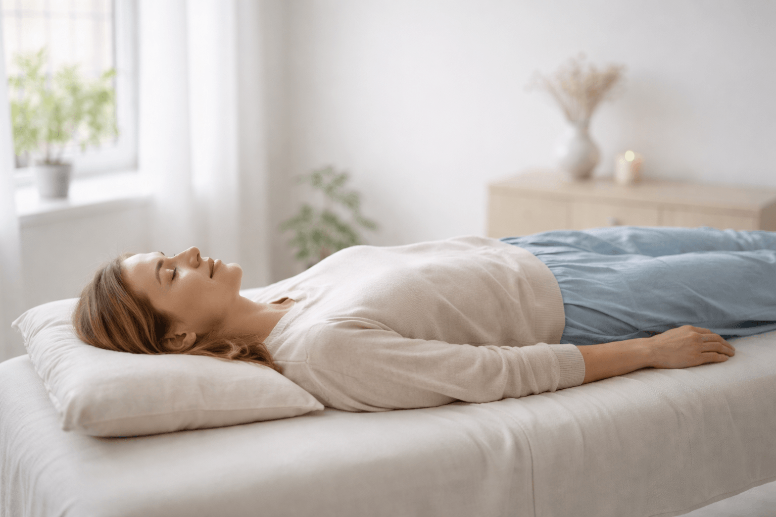 Person lying peacefully on a treatment bed, representing relaxation and restoring energy for those feeling tired or overwhelmed