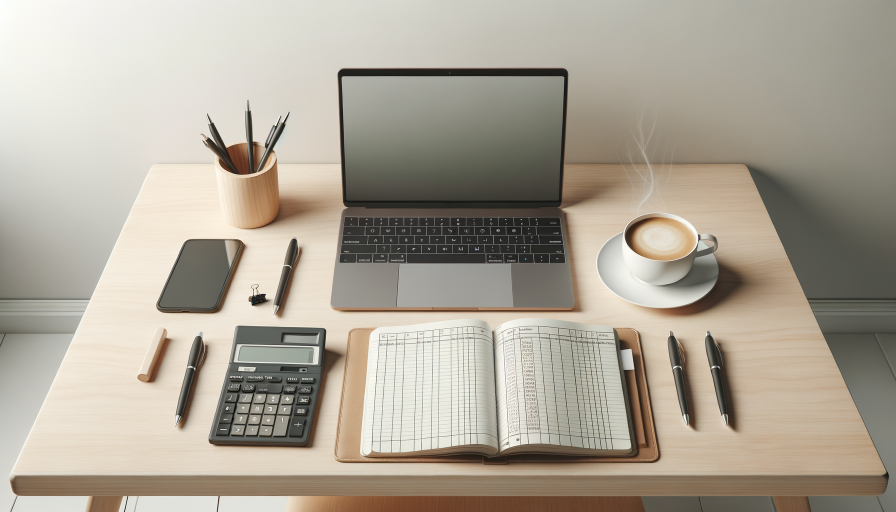 A neatly organized wooden desk with a laptop, a steaming cup of coffee on a saucer, a smartphone, an open planner, a calculator, multiple pens, a binder clip, an eraser, and a small container with pens inside.