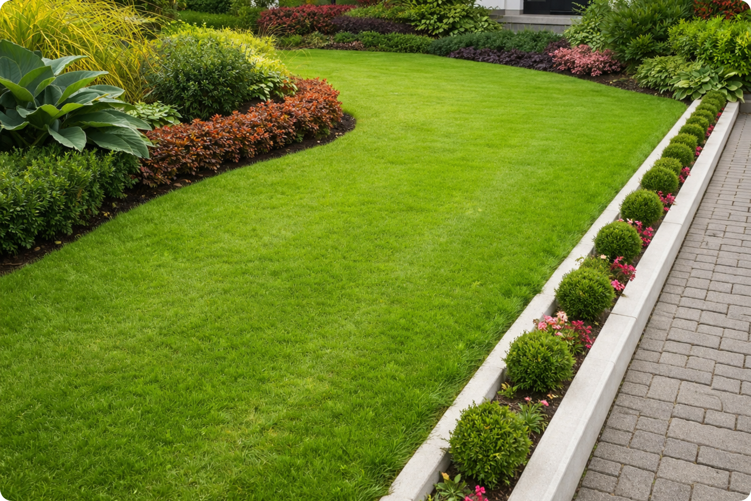 Well-maintained lawn with flower beds and shrubs along a border, next to a paved walkway in a garden.