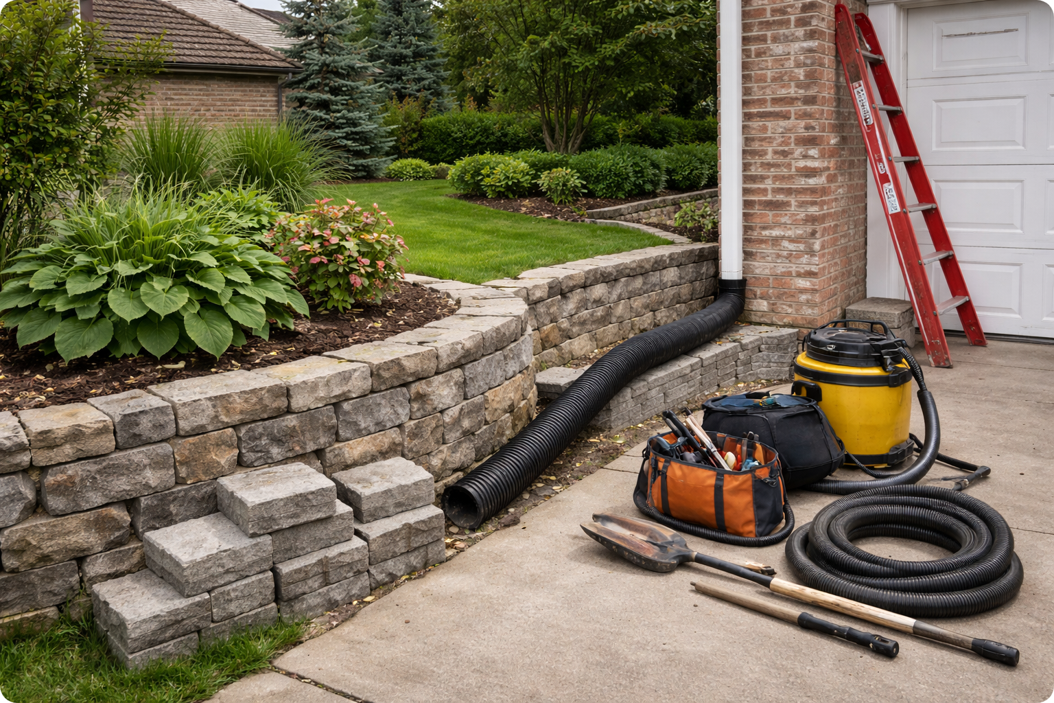 Gardening and landscaping tools and equipment on a driveway next to a brick wall with a stone retaining wall and garden plants in the background.