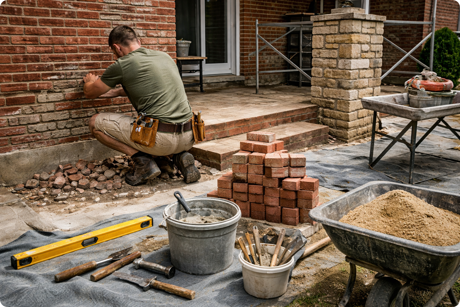 A man working on laying bricks on an outdoor patio, with construction tools and supplies around him, including a level, hammers, buckets, and a wheelbarrow of sand.