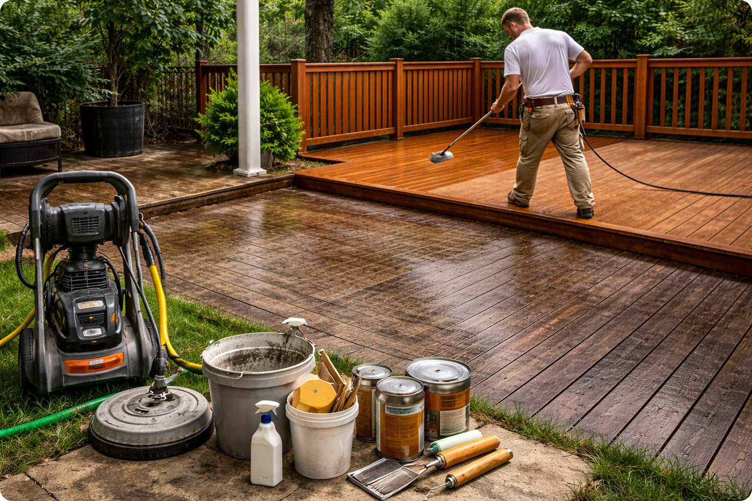 A man pressure washing a wooden deck in a backyard, with supplies and equipment in the foreground.