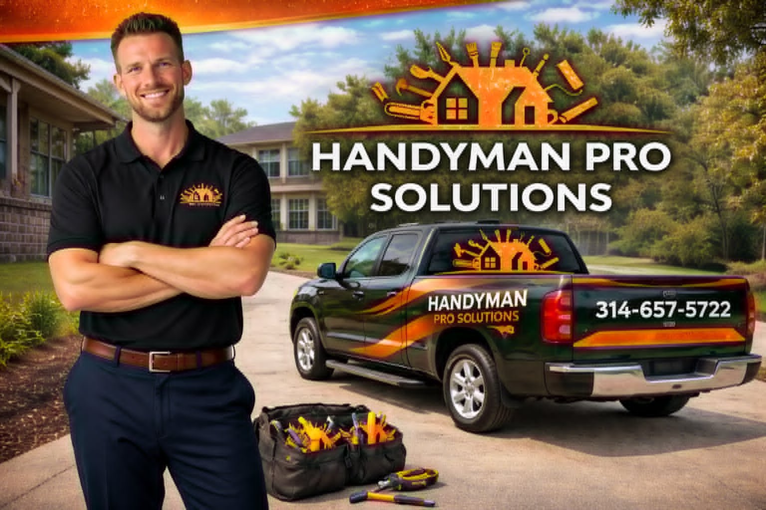 A smiling man in a black handyman polo shirt with a company logo, standing next to a black pickup truck with the same logo and contact information for Handyman Pro Solutions. The background shows a residential neighborhood with a house and trees, and a toolbox with tools on the ground.