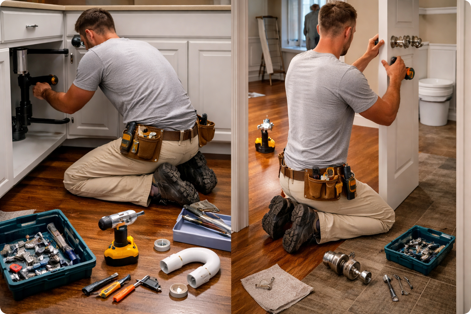 Man kneeling inside a kitchen and a bathroom repairing plumbing pipes. The man is wearing a gray t-shirt, beige pants, and a tool belt with various tools. Pliers, screwdrivers, a drill, and parts are laid out on the floor. There are baskets of additional tools and parts near him.