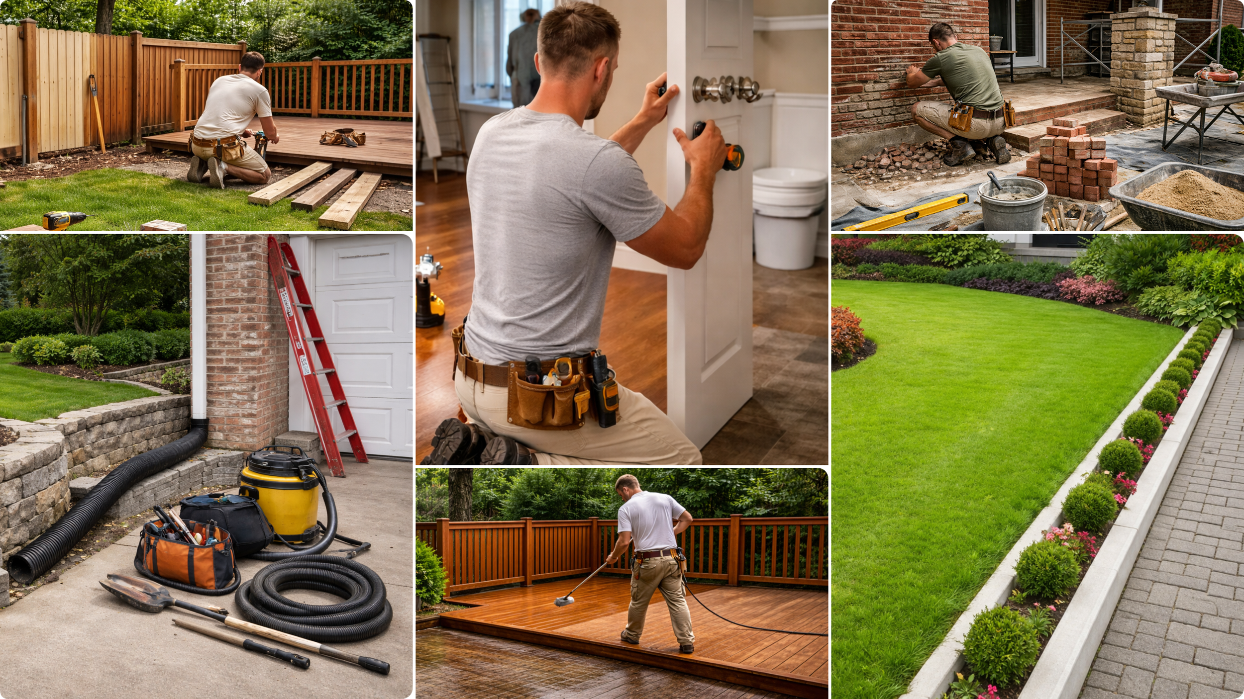 Sequence of images showing various stages of outdoor home improvement projects, including installing a deck, interior carpentry work, laying bricks on steps, landscaping with a lawn and flower beds, and power washing a wooden deck.