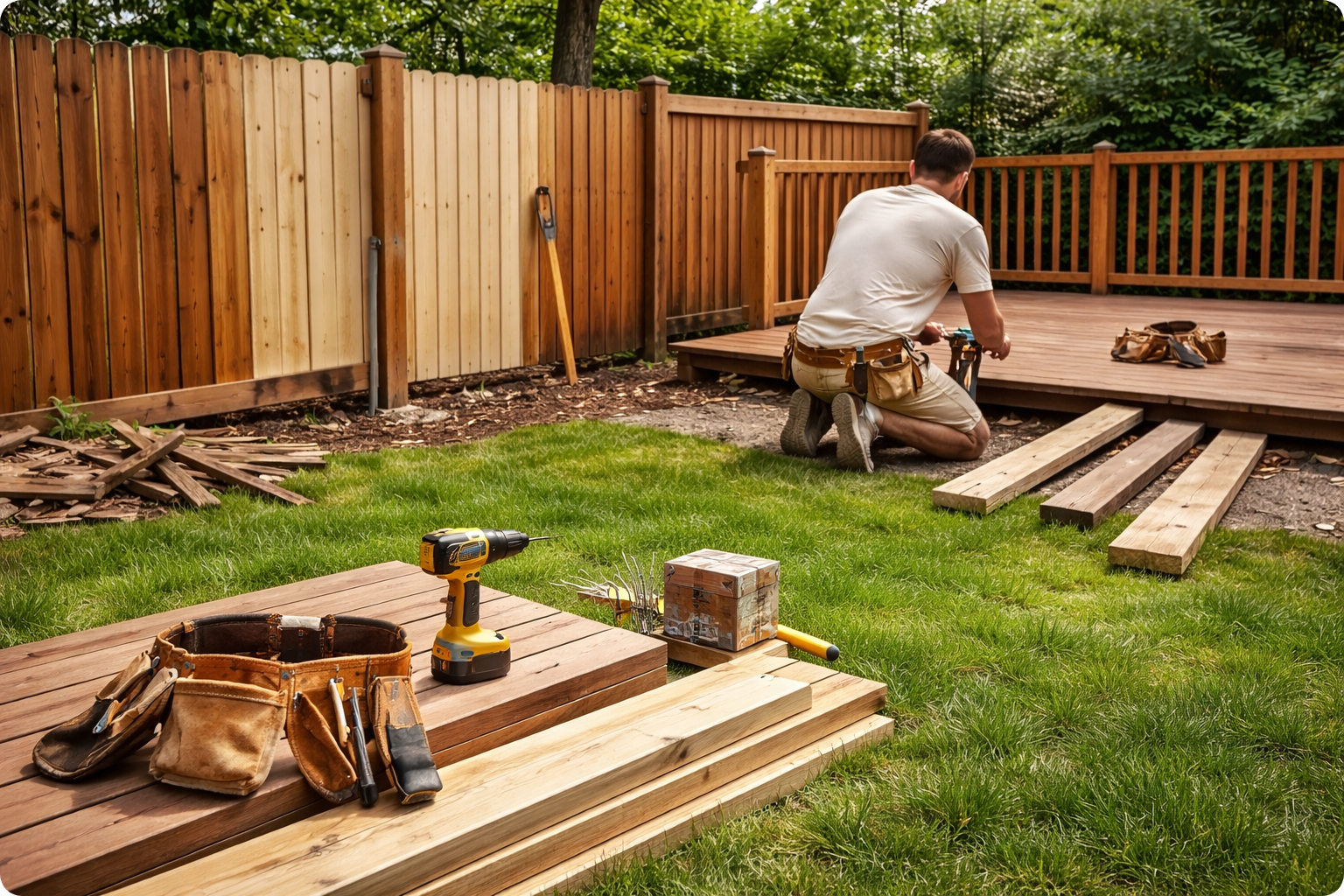 A man kneeling on the ground installing a wooden deck in a backyard, with tools and wood planks nearby, surrounded by a wooden fence and green trees.