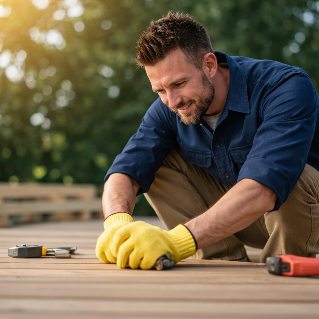 Man working outdoors on a wooden deck, wearing yellow gloves, using a hammer, with tools nearby, smiling.