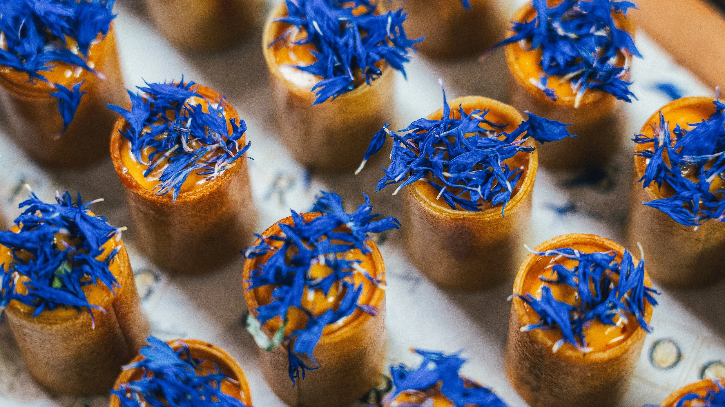 Multiple small cones filled with yellow filling and topped with blue edible flower petals, arranged on a white surface.