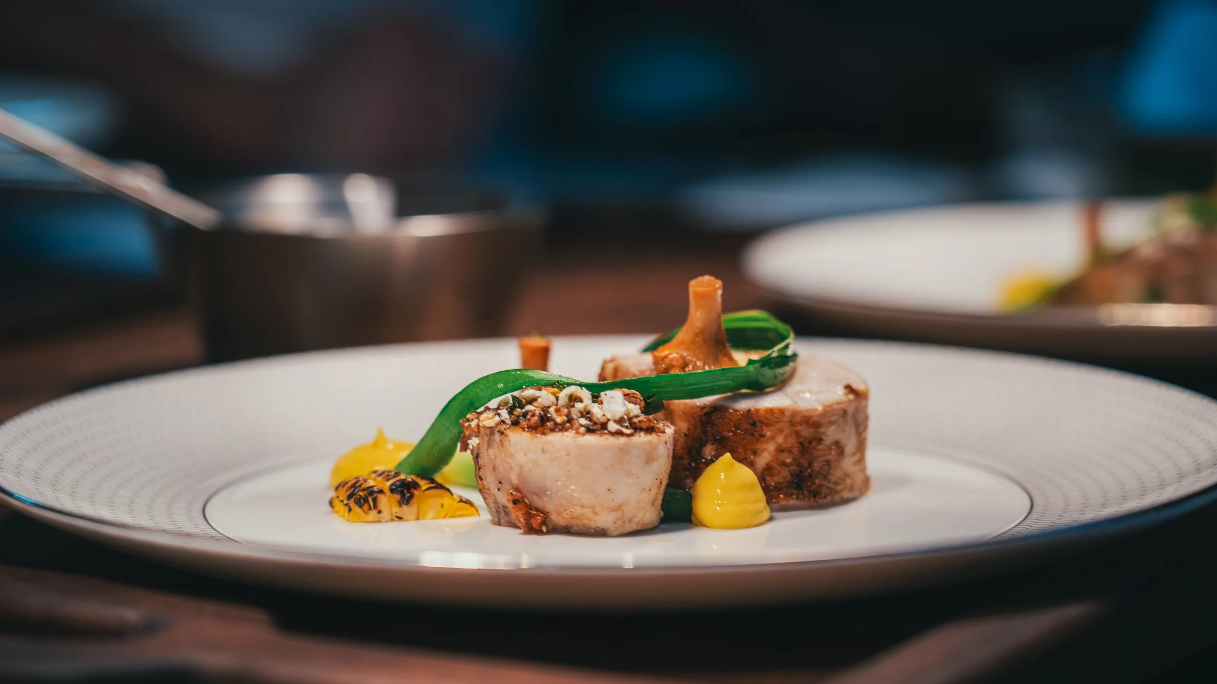 A plated gourmet dish with two pieces of seared meat topped with green garnish and crushed nuts, accompanied by charred yellow vegetable and drizzled sauce, on a white patterned plate.