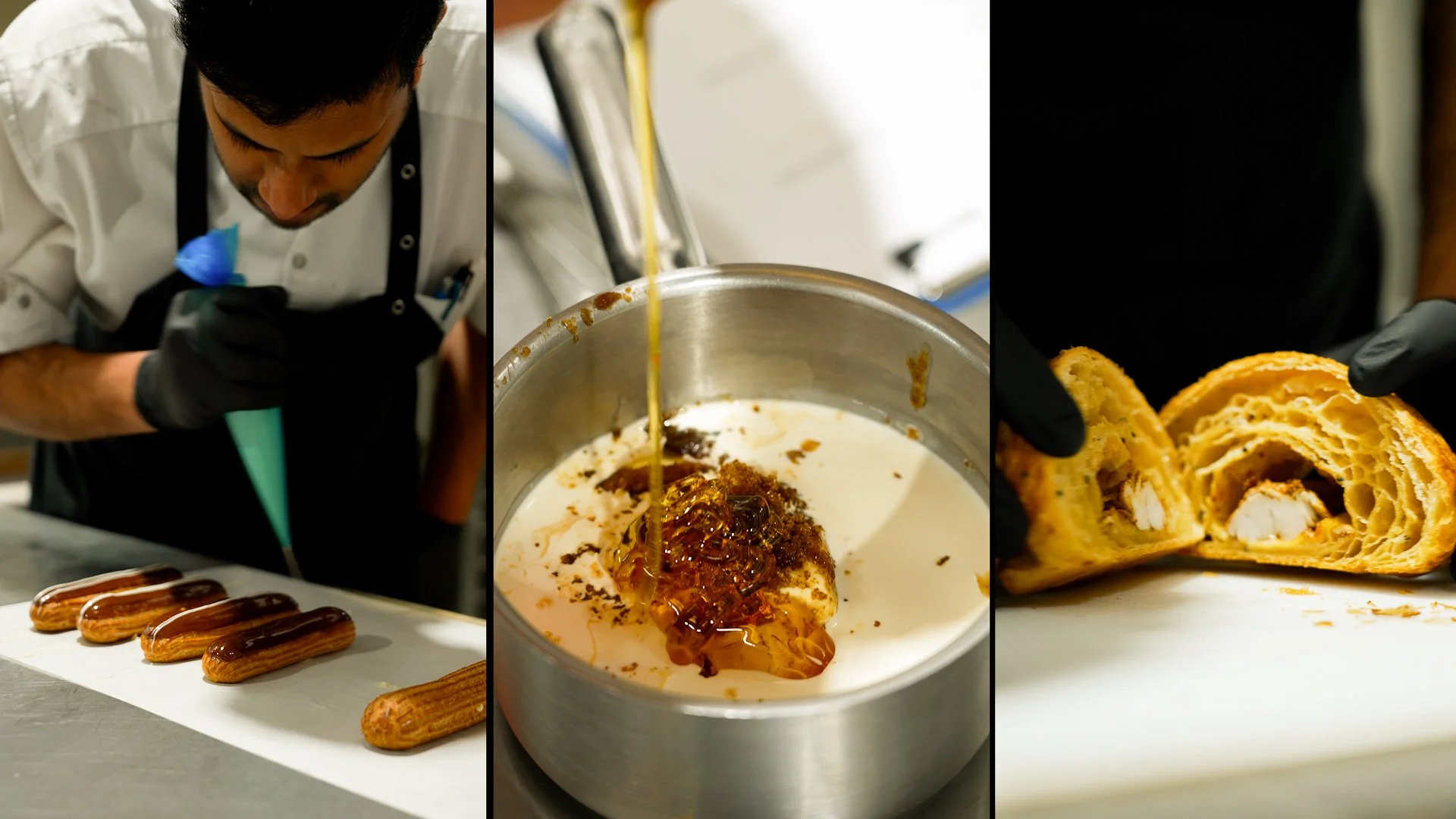 A chef decorating éclairs with chocolate, a bowl of cream filling with caramel and toppings, and a close-up of a cut savory pastry filled with chicken and vegetables.