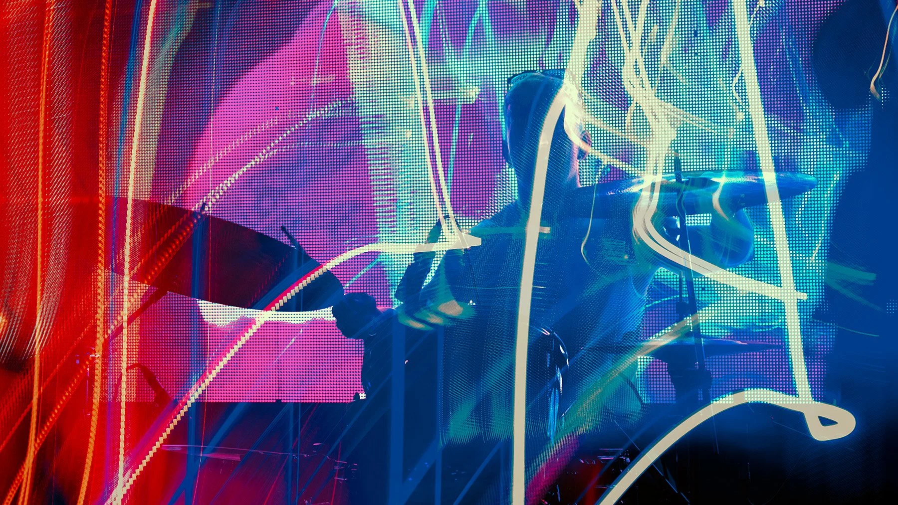 Colorful abstract digital art featuring vibrant neon light lines and patterns on a dark background.