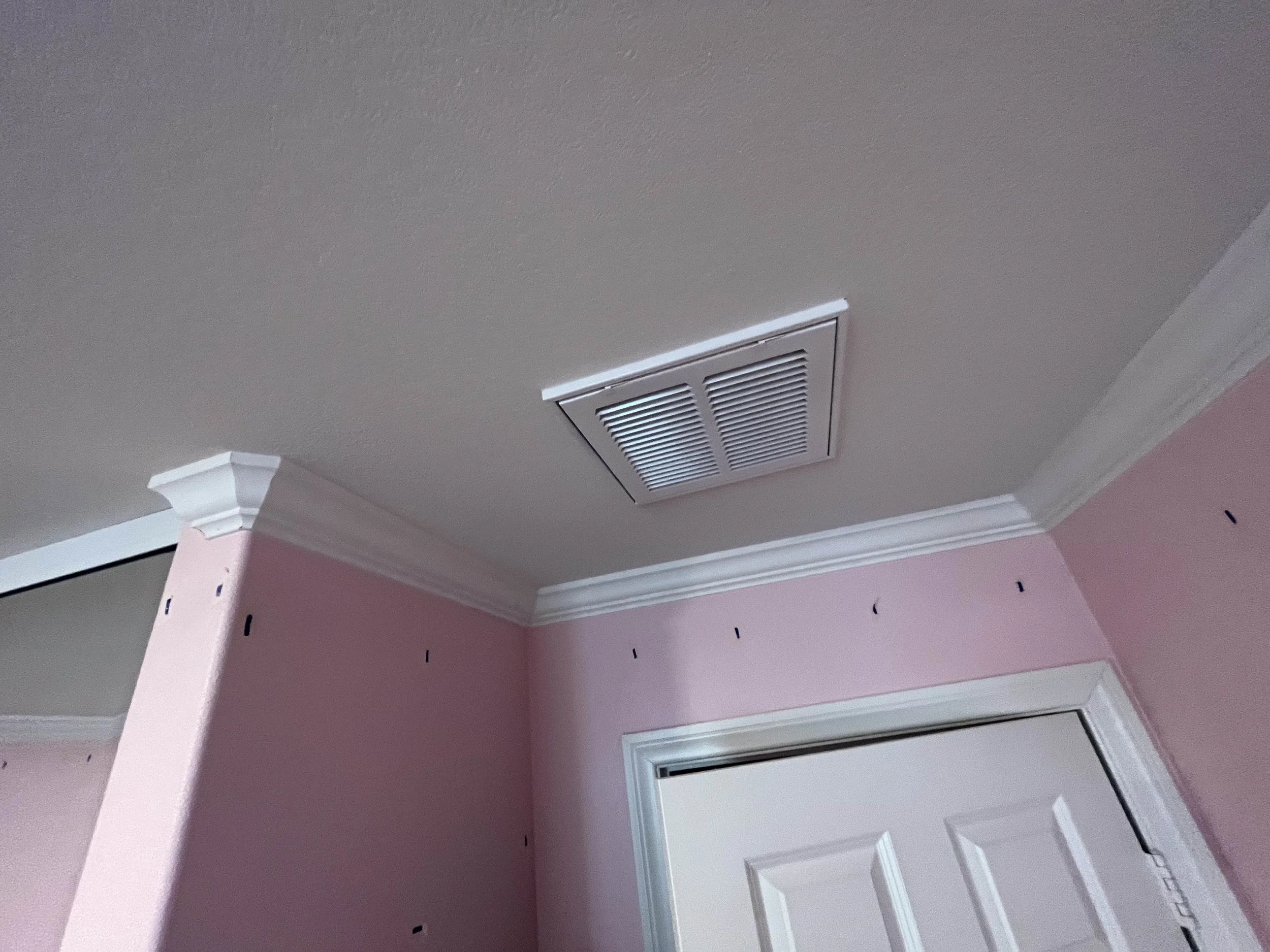 Ceiling with air vent, corner of a room with pink walls, white crown molding, a door, and visible black hooks or nails on the walls.