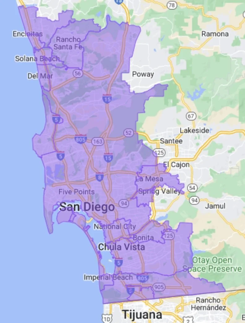 Map of San Diego, California with highlighted city boundaries and major highways.