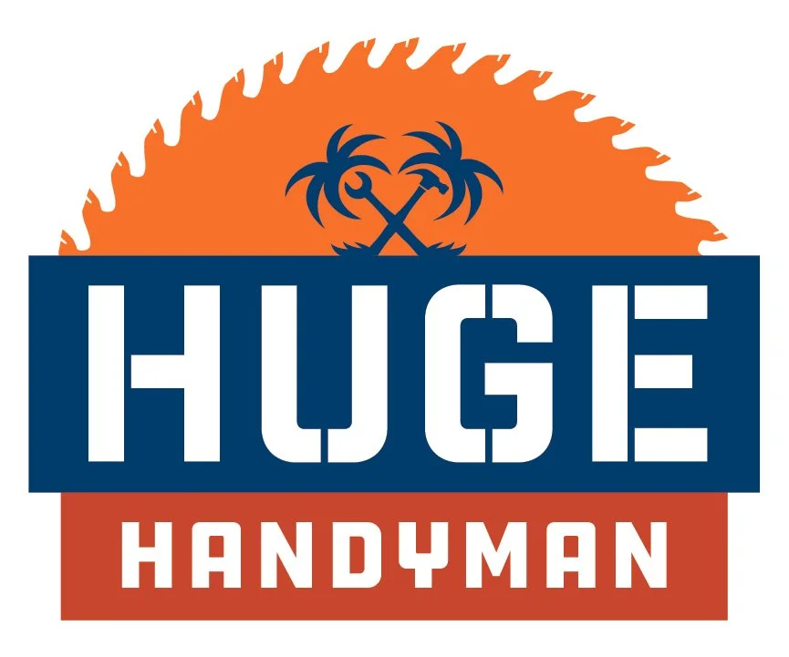 Logo with a half sun in orange, two palm trees, crossed wrench and hammer, and text reading "HUGE HANDYMAN" in bold white letters on a blue and red background.