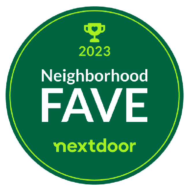 Green circular badge with a trophy icon, the year 2023, and the text 'Neighborhood FAVE nextdoor'.