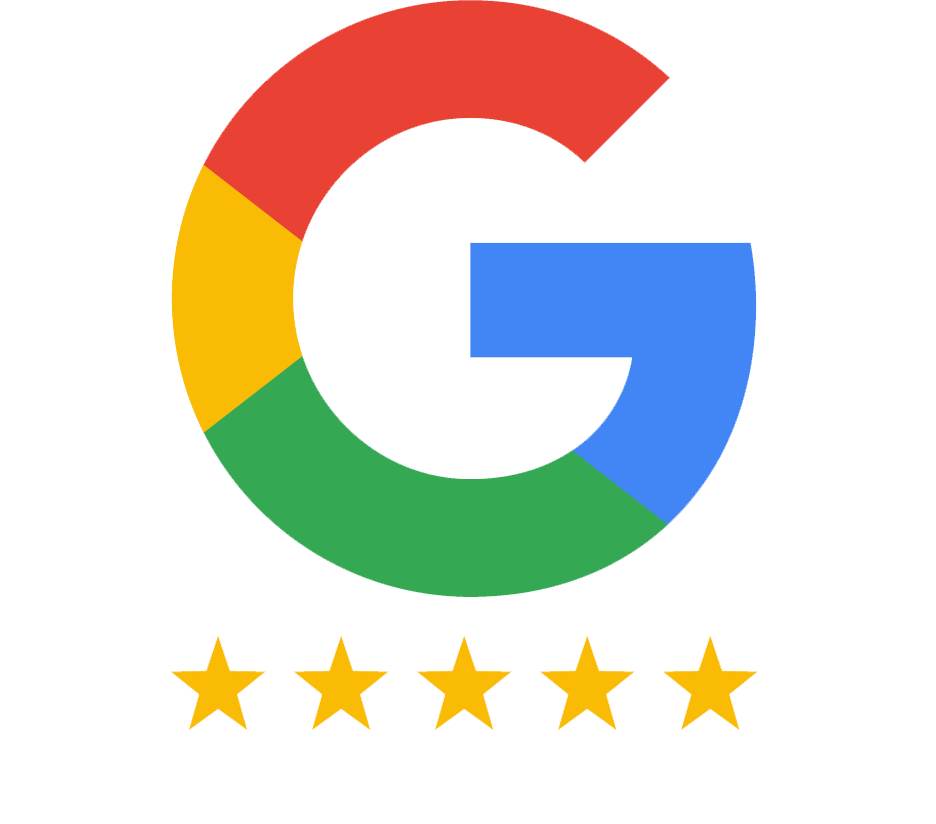 Google logo in the shape of a letter G with five gold stars and a 5.0 rating below.