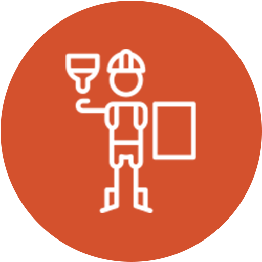 Icon of a construction worker wearing a hard hat and holding a paint roller and a clipboard against an orange background.