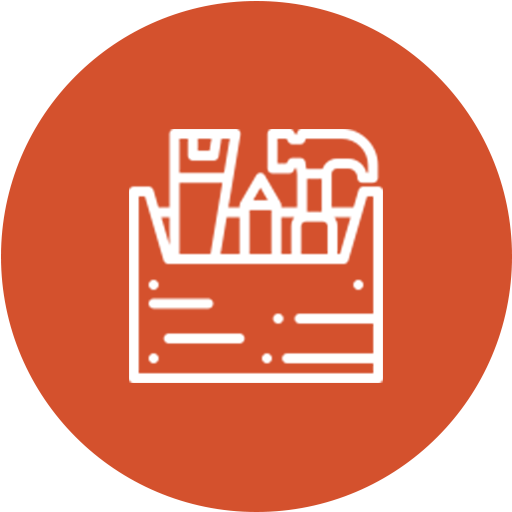 Outline illustration of a container holding tools, including a saw, a hammer, a screwdriver, and a wrench, on an orange circular background.