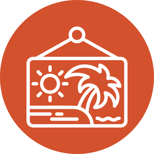 Icon of a beach scene with a sun, a palm tree, and water, inside a circular orange background.