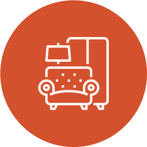 Icon of a couch with a standing lamp behind it, on a reddish-brown circular background.