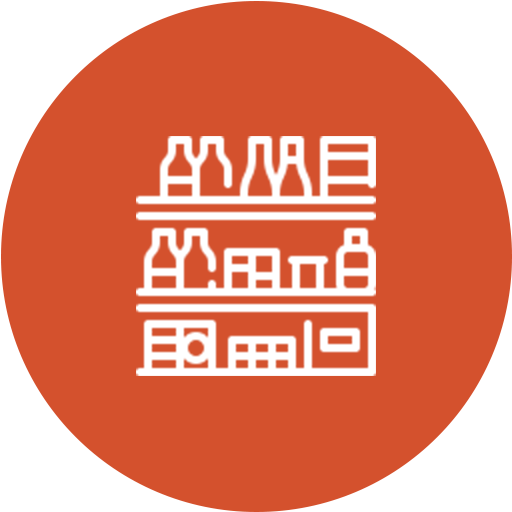 Icon of a bookshelf with bottles and boxes on three shelves, set against a red circular background.