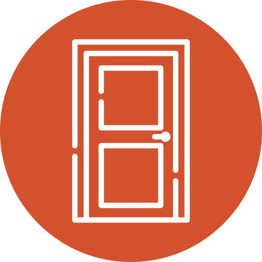 Icon of a white interior door with a handle on an orange circular background.