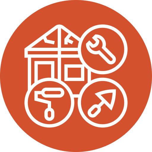 Icons representing home repair or improvement: a house, a wrench, a paint roller, and a trowel, on an orange background.