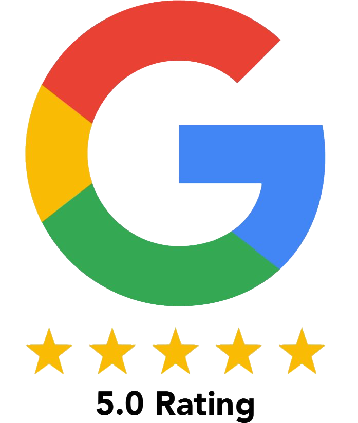 A colorful pie chart with five segments in red, yellow, green, and blue, overlaid with a five-star rating of 5.0 and the words "5.0 Rating" below.