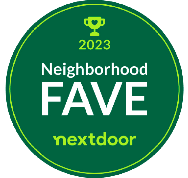 Green circular badge with a trophy icon, displaying "2023 Neighborhood FAVE nextdoor" text.