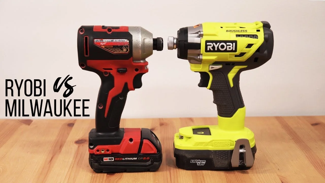 Comparison of two cordless power tools, a Milwaukee M18 REDLITHIUM and a Ryobi Brushless drill, positioned on a wooden surface with white background, highlighting the tools used in Milwaukee versus Waukee.