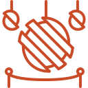 A red ball of yarn with knitting needles crossed behind it and a curved line below, representing knitting or crochet supplies.