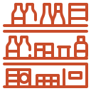 A minimalist line drawing of a bookshelf filled with various bottles, jars, and boxes.