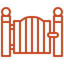 Outline of a closed gate with two tall fence posts on either side