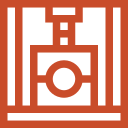 Abstract geometric pattern with vertical black lines and a central circle on a textured reddish background.