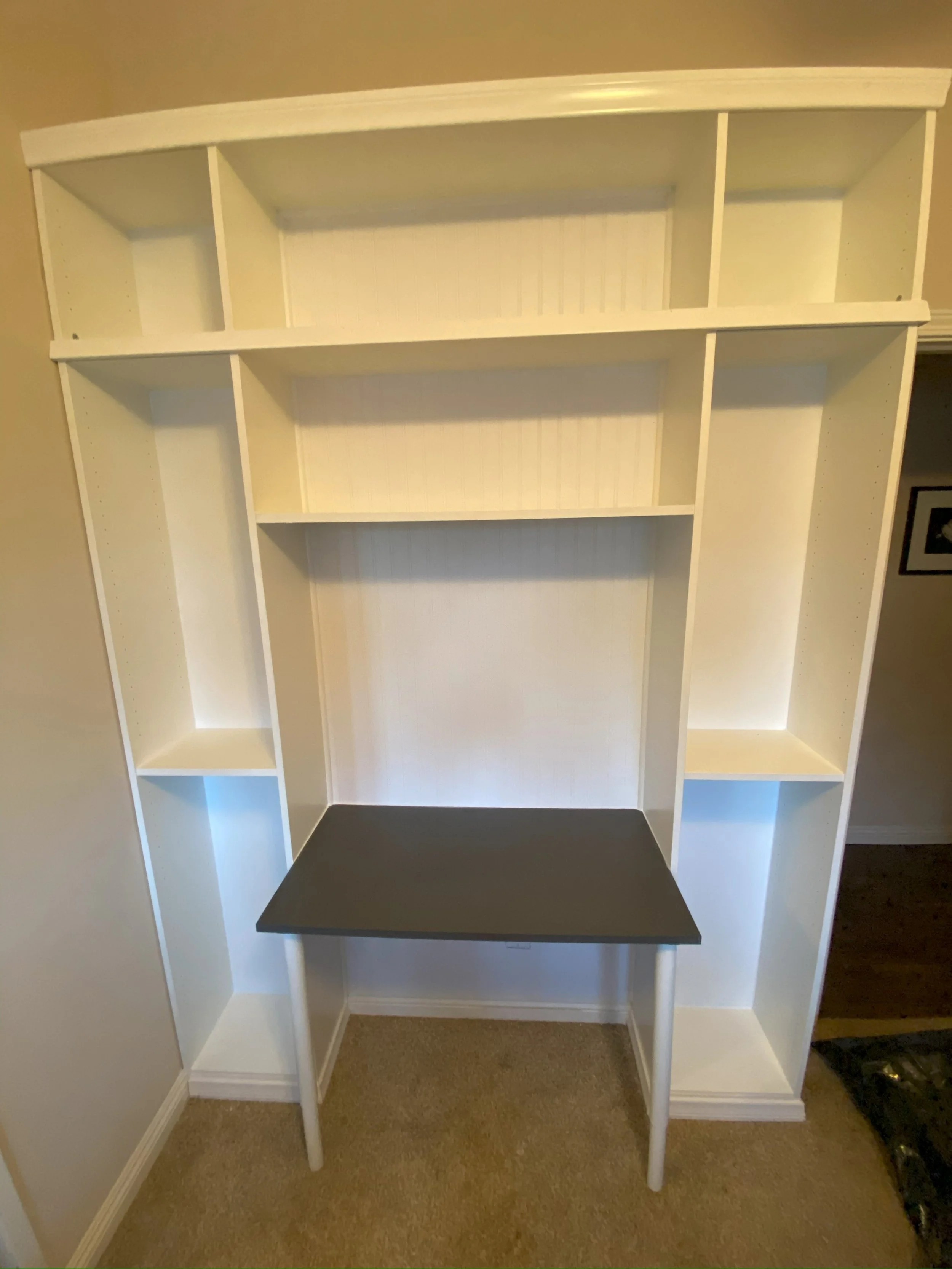 custom shelving on built in desk installed by HUGE Handyman in San Diego