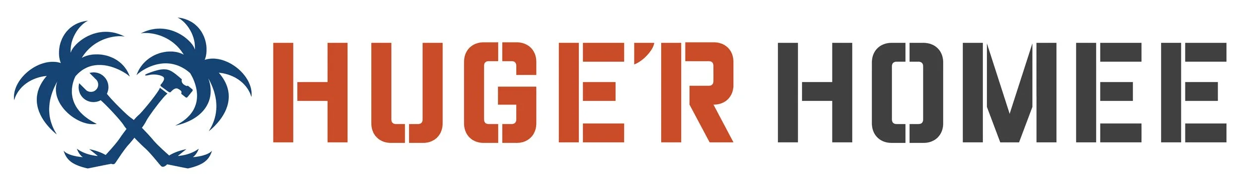 Logo with two crossed tools inside palm trees, followed by the words 'Huger Hume' in red and black text.
