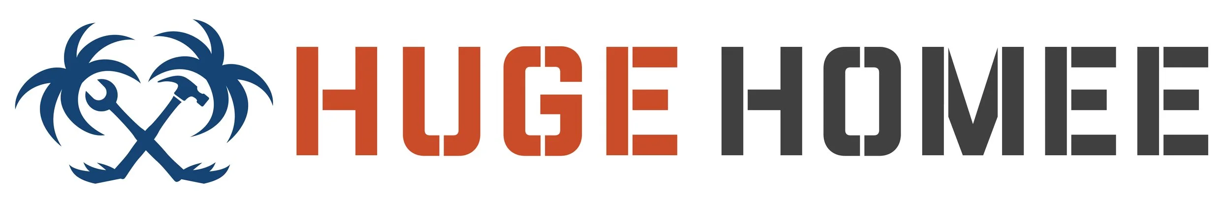 Logo with palm trees, crossed hammer and wrench, and the words 'HUGE HOME' in red and black text.