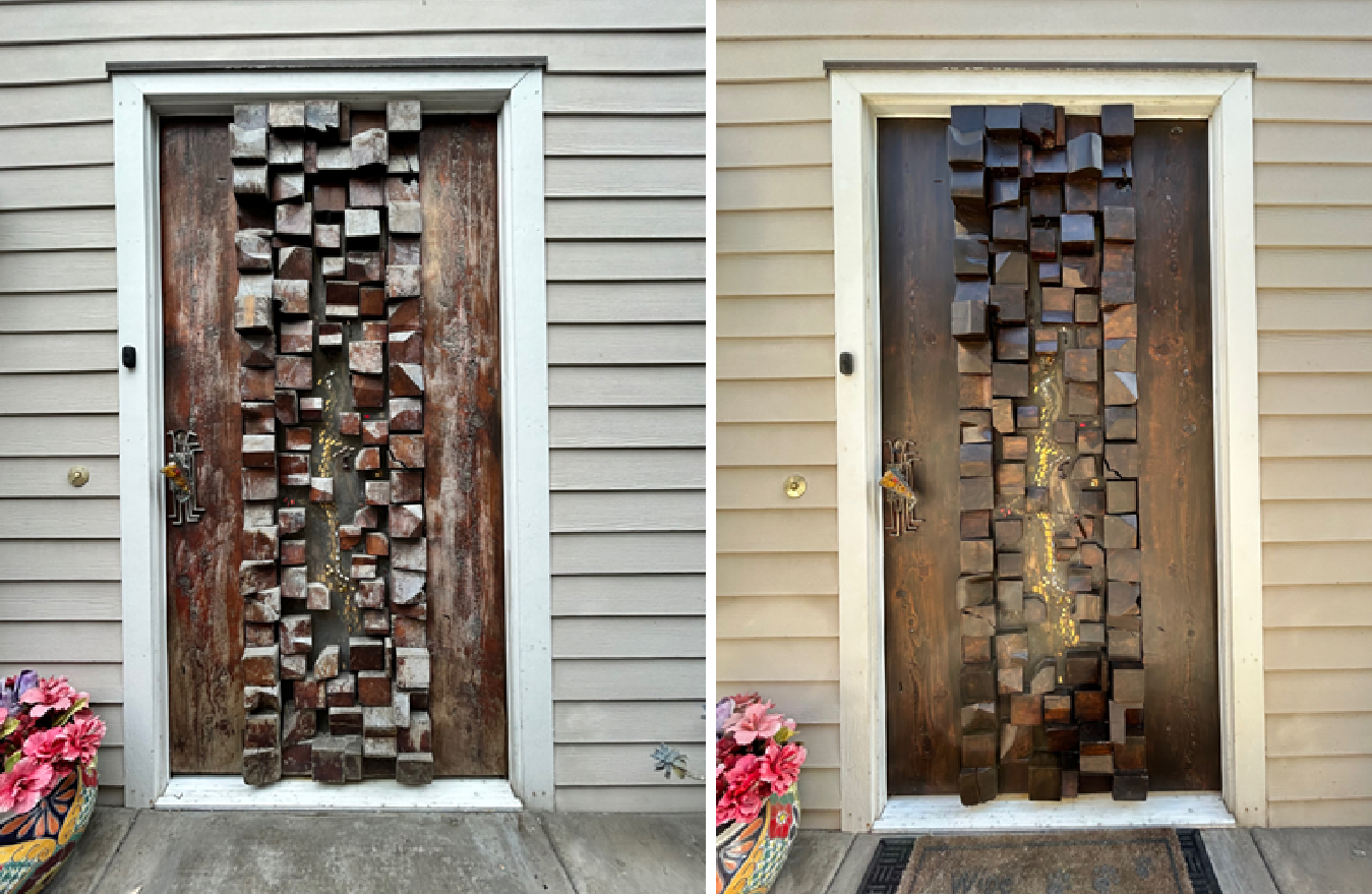 Comparison of a front door before and after restoration, featuring a vertical wooden sculpture with geometric shapes and a tree carving, framed by white window trim, with pink flowers in a pot nearby.