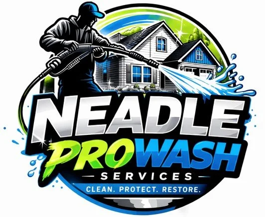 A logo for Neadle Pro Wash Services featuring a person pressure washing a house with water spray, with a background of a house and greenery, and the text 'CLEAN, PROTECT, RESTORE'.
