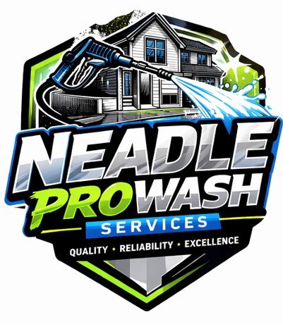 Logo for Neadle Pro Wash Services featuring a house with a pressure washer spraying water on it, with the company name and tagline 'Quality, Reliability, Excellence'