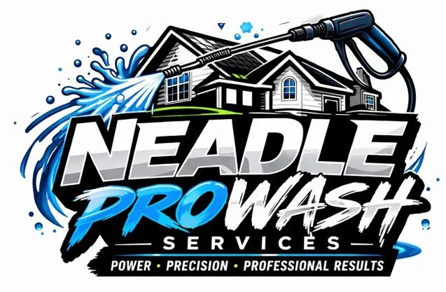 Logo for Needle Prowash Services featuring a house being pressure washed with a spray wand, emphasizing power, precision, and professional results.