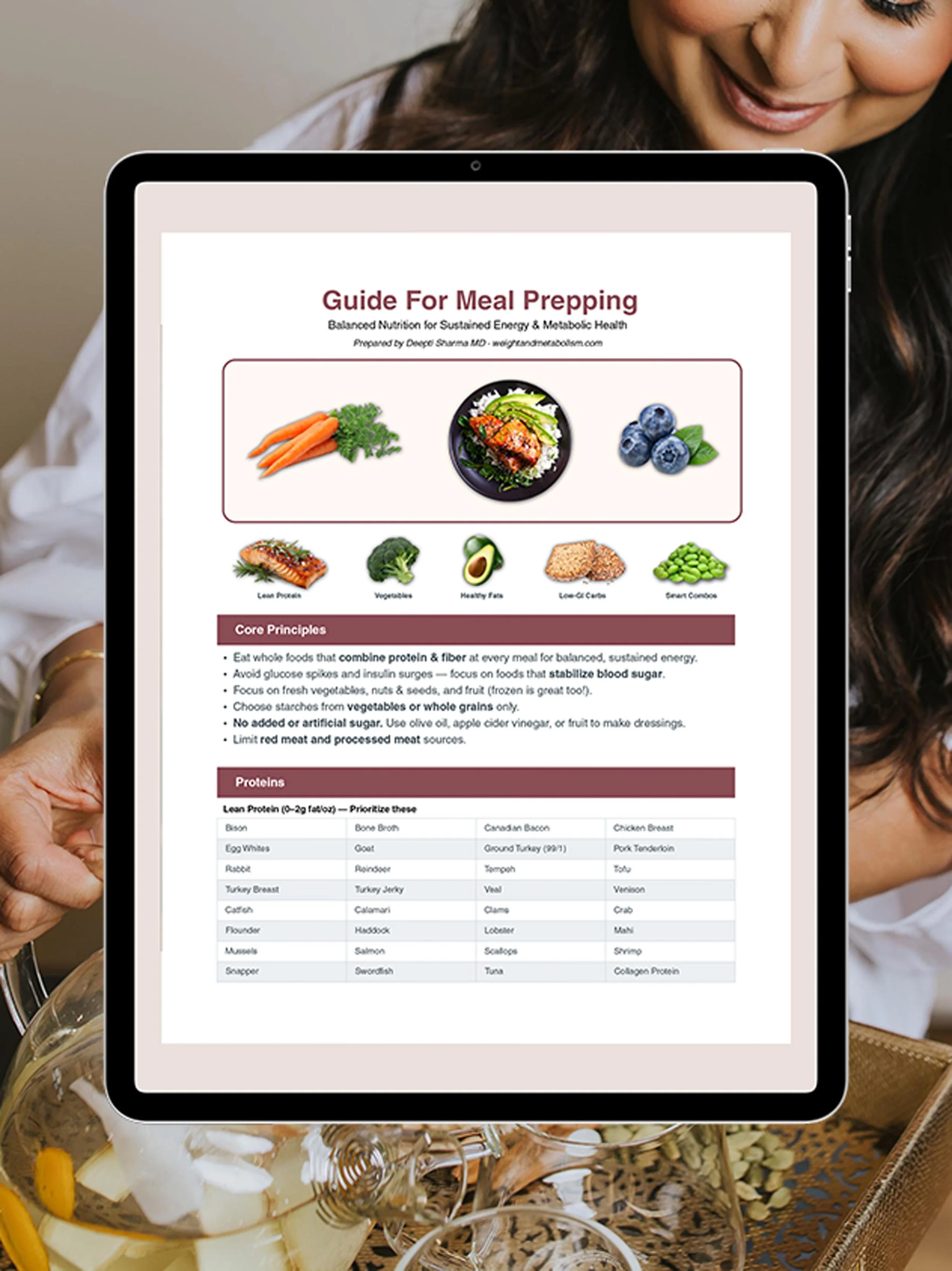 iPad displaying the free guide cover page, with the title "Guide for Meal Prepping"