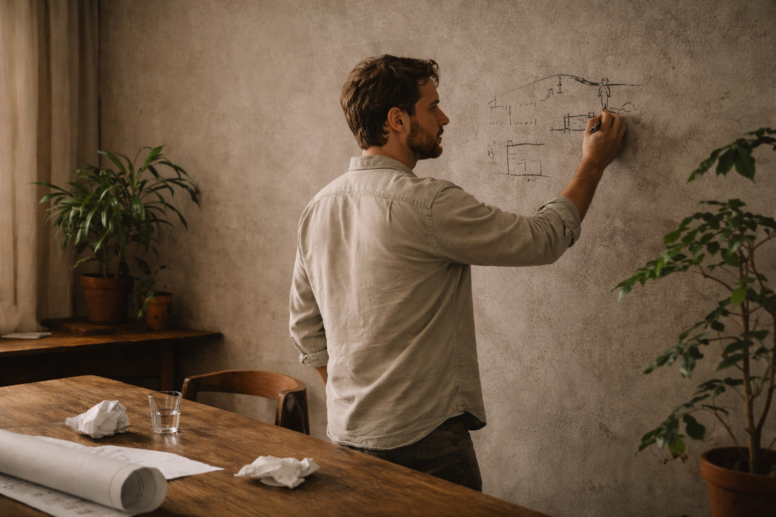Hombre dibujando en una pizarra de pared en una oficina o sala de reuniones en HACHE Coworking