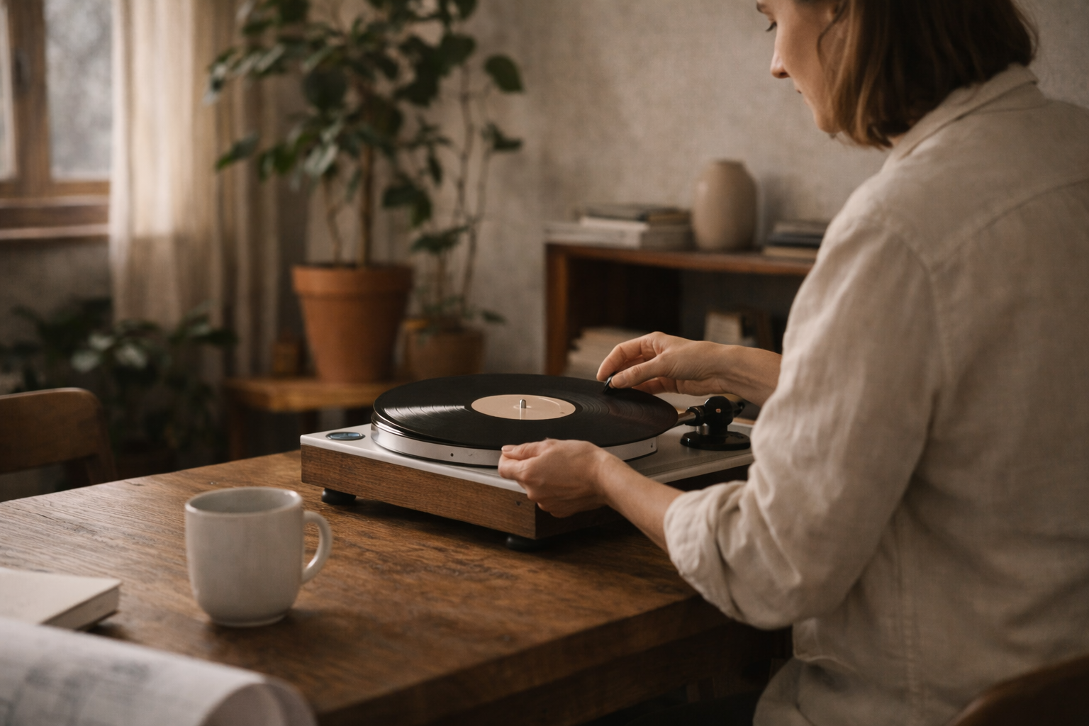 Mujer poniendo un disco de vinilo en un tocadiscos en una mesa de madera, con una taza blanca y un libro en primer plano en HACHE Coworking
