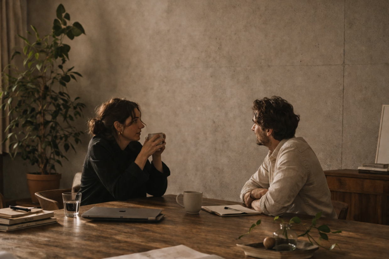 Dos personas, una mujer y un hombre, charlando en una mesa de madera en un ambiente cálido, con una planta grande al fondo y libros en la mesa en HACHE Coworking