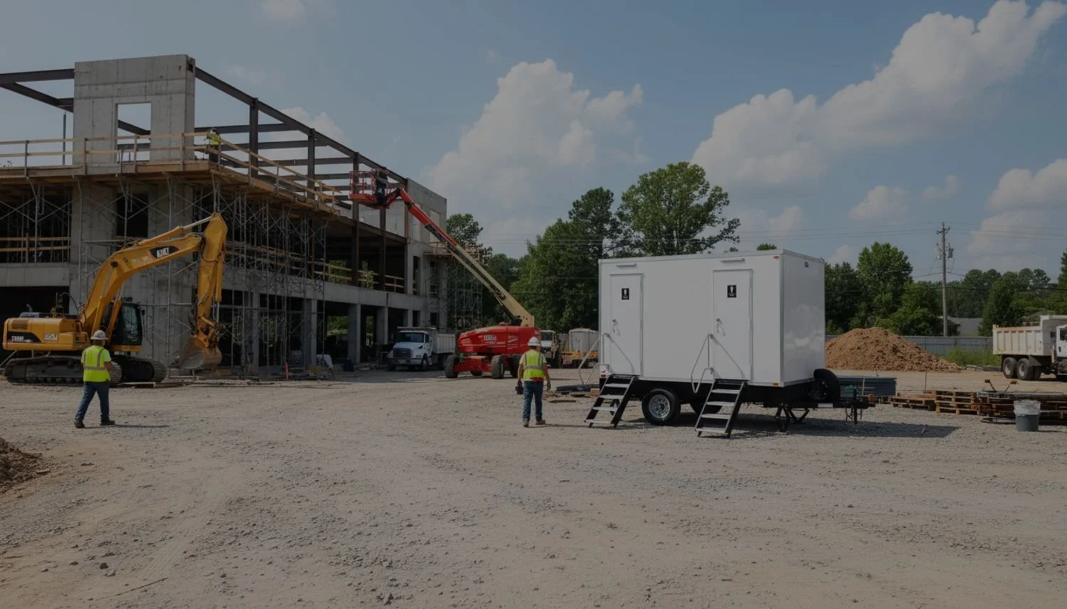 Construction site with workers, excavator, and a building under construction, surrounded by vehicles and equipment.