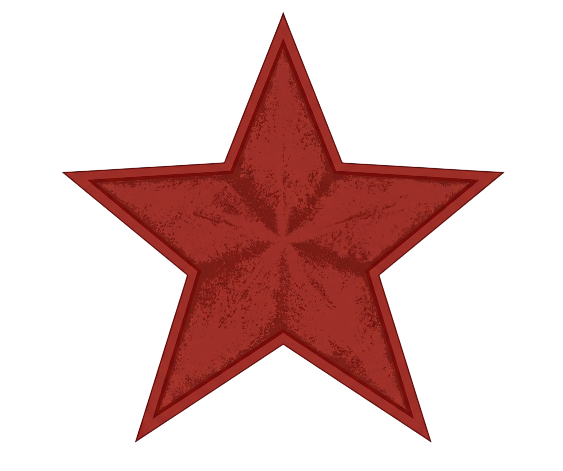 A red, five-pointed star with a darker border and a textured appearance.