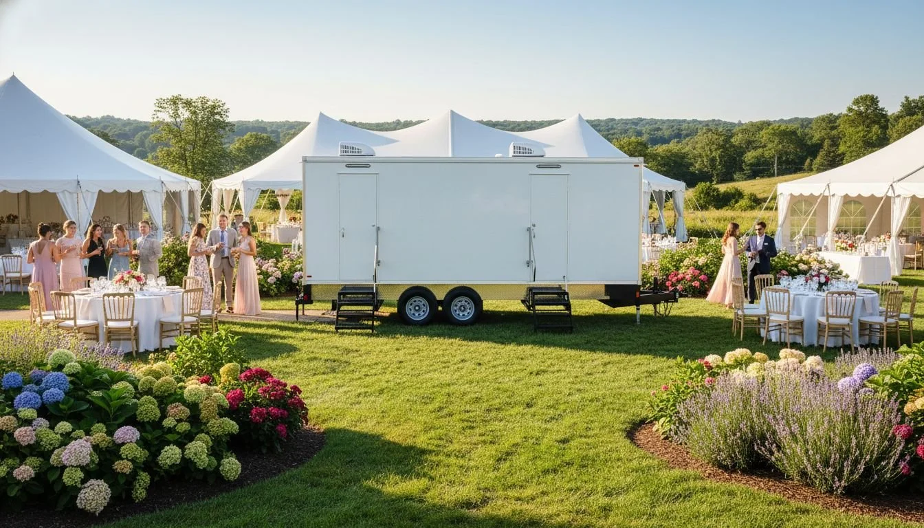 Outdoor wedding or social event with white tents, decorated tables, and guests dressed in formal attire, set on a lush green lawn with colorful flower beds and a scenic landscape in the background.